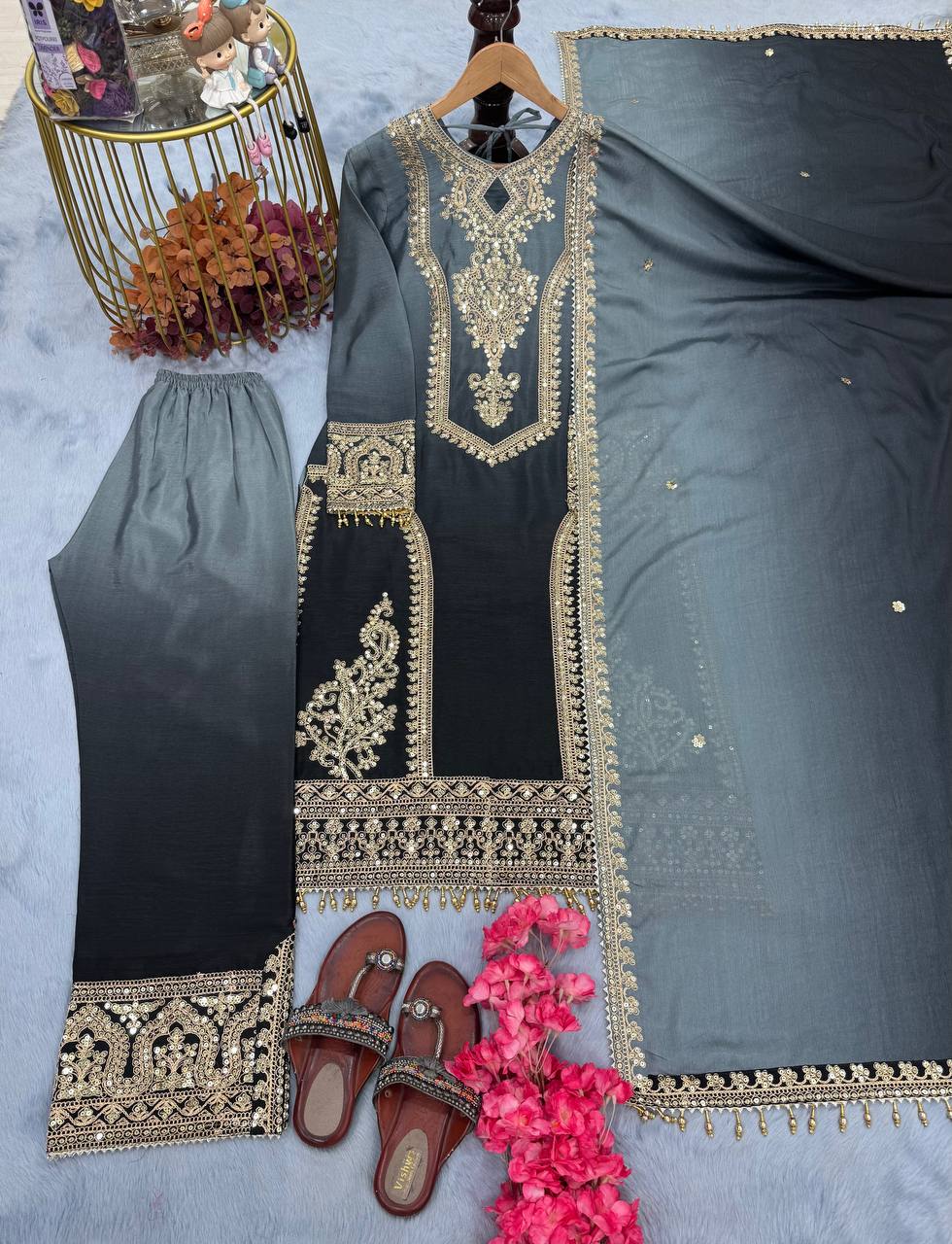 Dual Tone Peding Chinon Silk Embroidery Coding Work Top Pent
