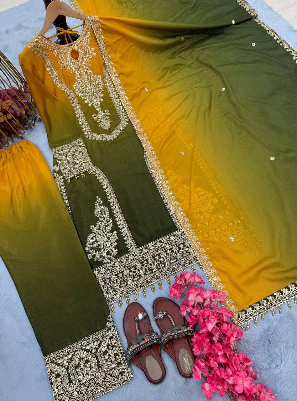 Dual Tone Peding Chinon Silk Embroidery Coding Work Top Pent