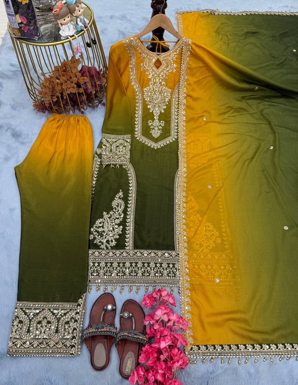 Dual Tone Peding Chinon Silk Embroidery Coding Work Top Pent