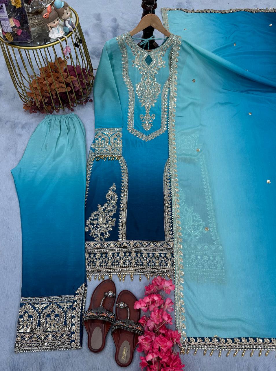 Dual Tone Peding Chinon Silk Embroidery Coding Work Top Pent
