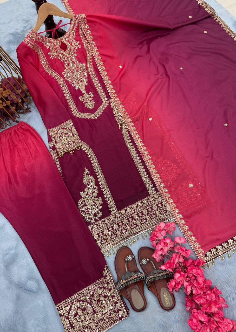 Dual Tone Peding Chinon Silk Embroidery Coding Work Top Pent