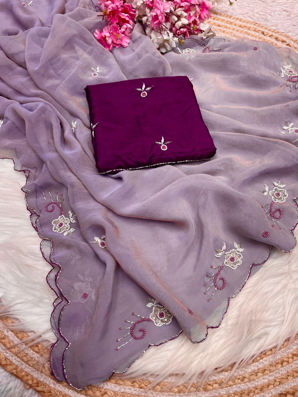WOMEN'S WEAR CHIFFORN HANDWORK PARTY WEAR SAREE