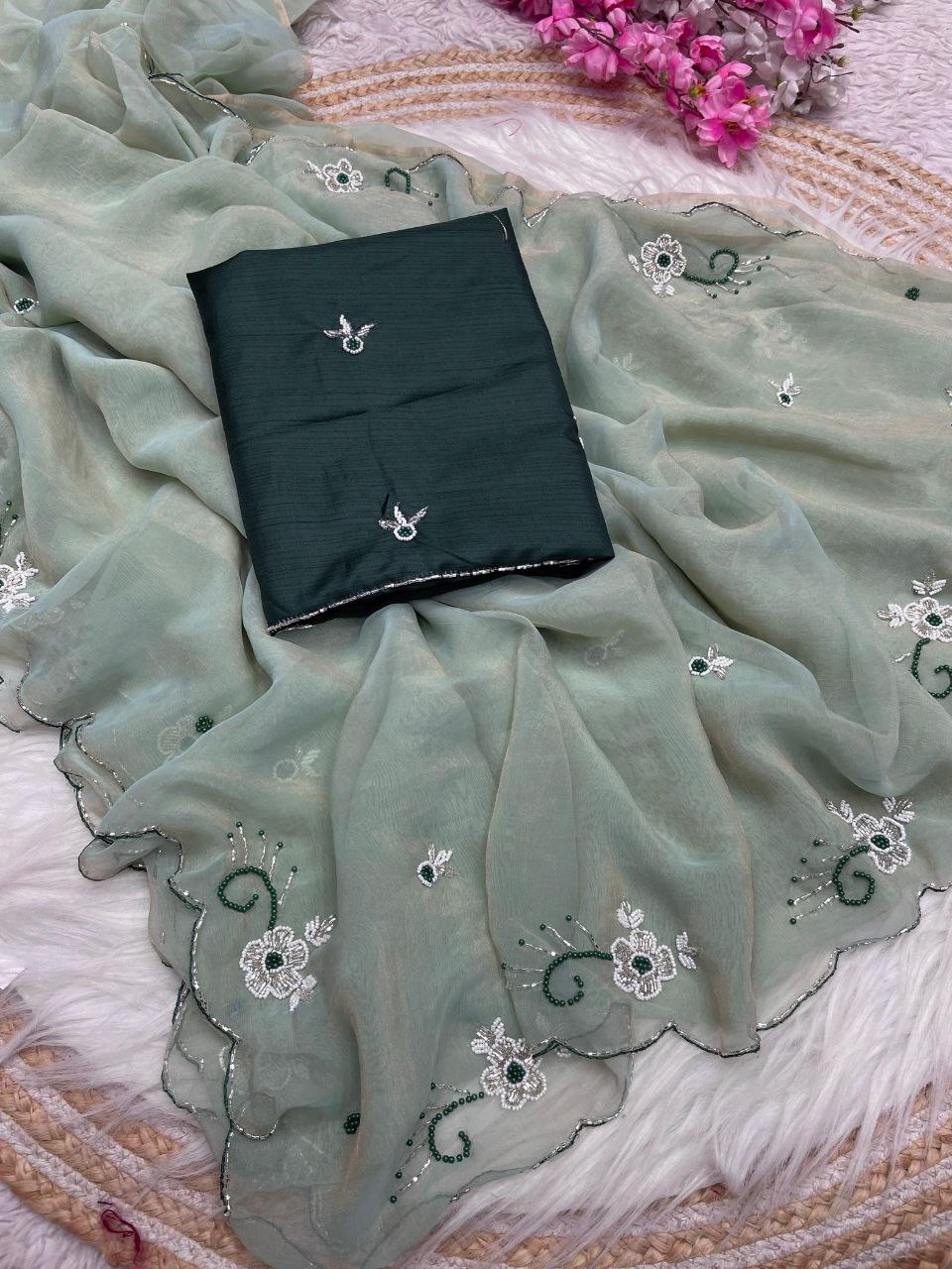 WOMEN'S WEAR CHIFFORN HANDWORK PARTY WEAR SAREE