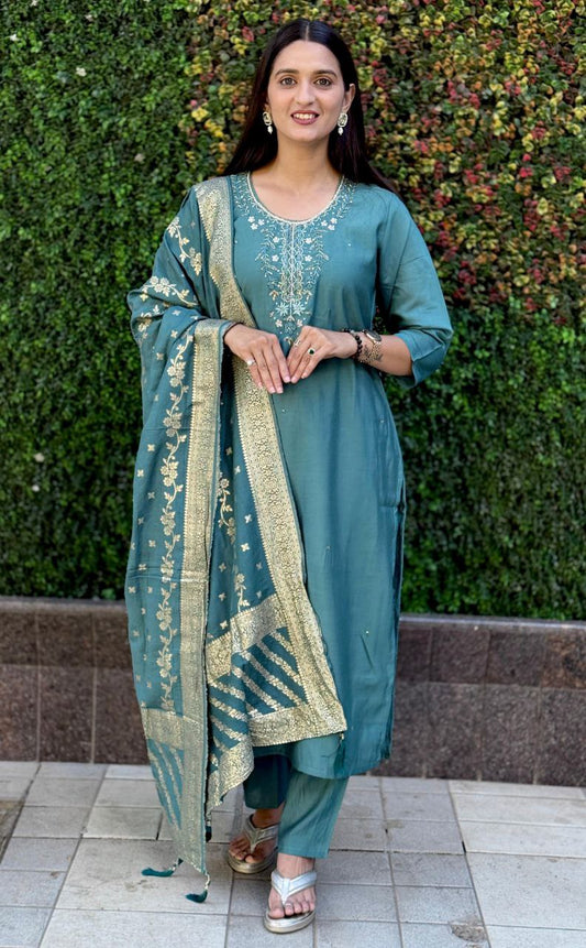 Sky Color Premium Roman Silk Hand Work Kurti