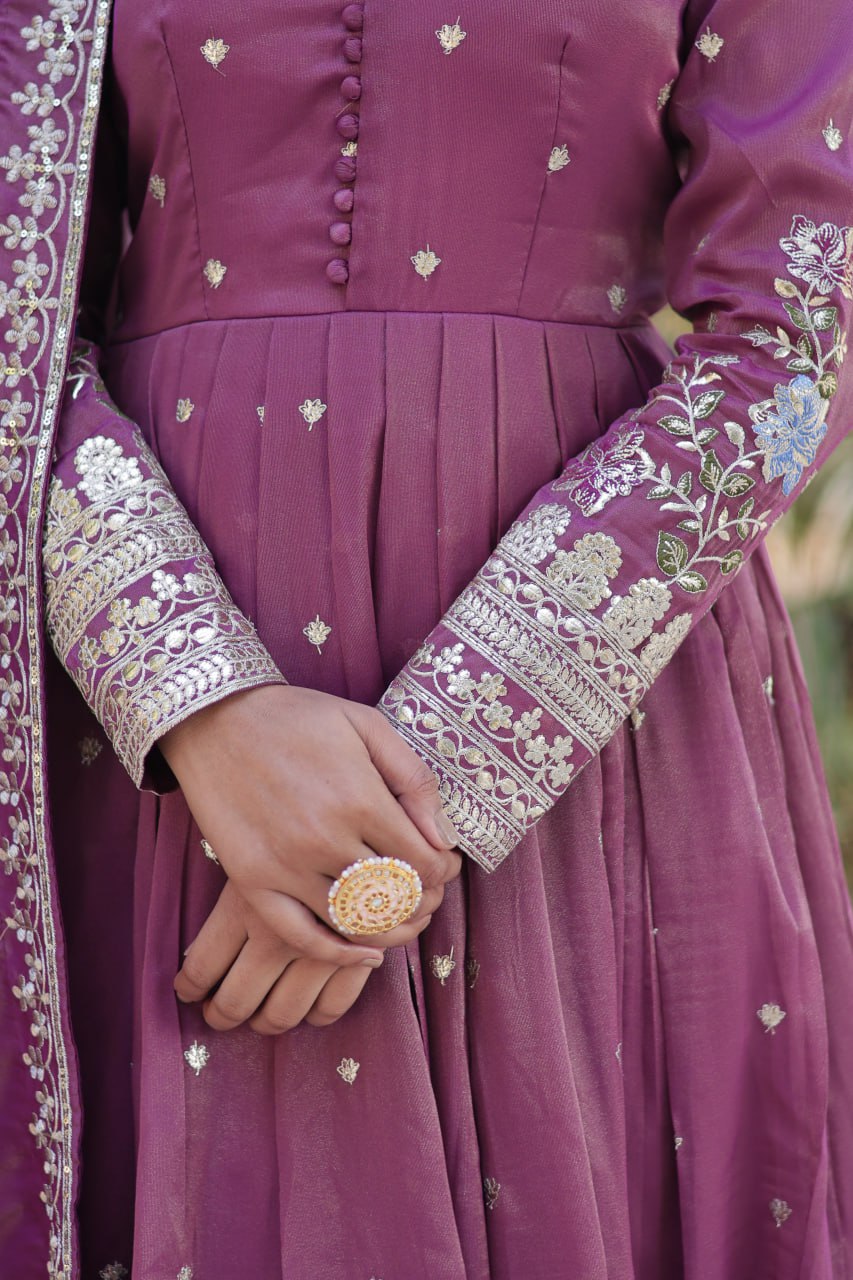 Viscose Cosmosn Canvas Patta Embroidery Zari Sequence Work Gown