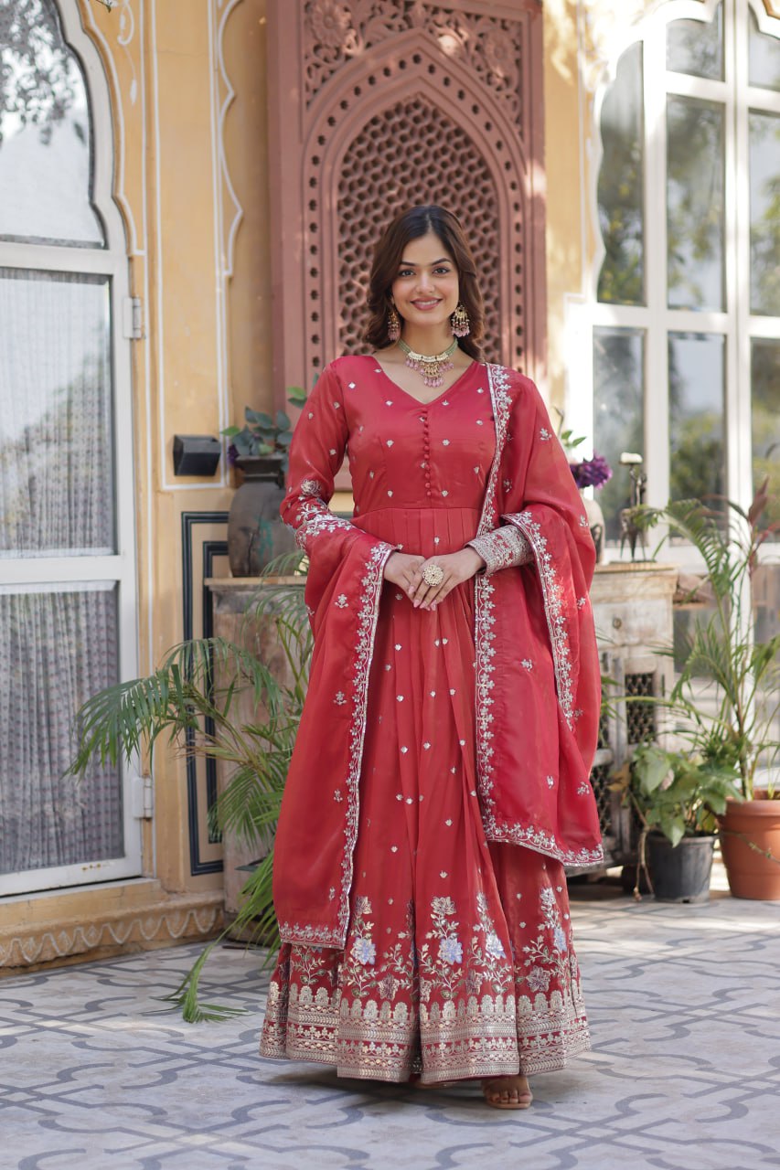 Viscose Cosmosn Canvas Patta Embroidery Zari Sequence Work Gown