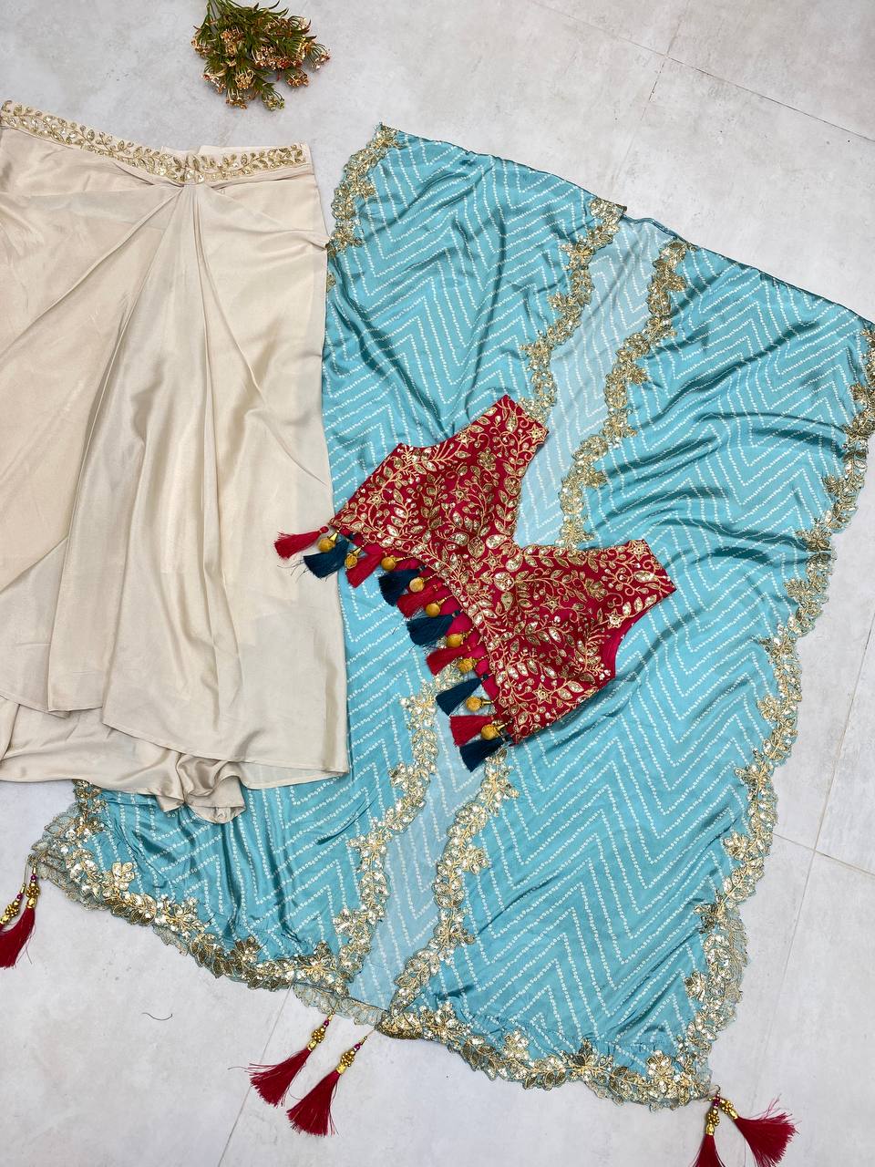 Sequence Embroidery With Latkan On Corner With Chinon Shrug Draped Choli