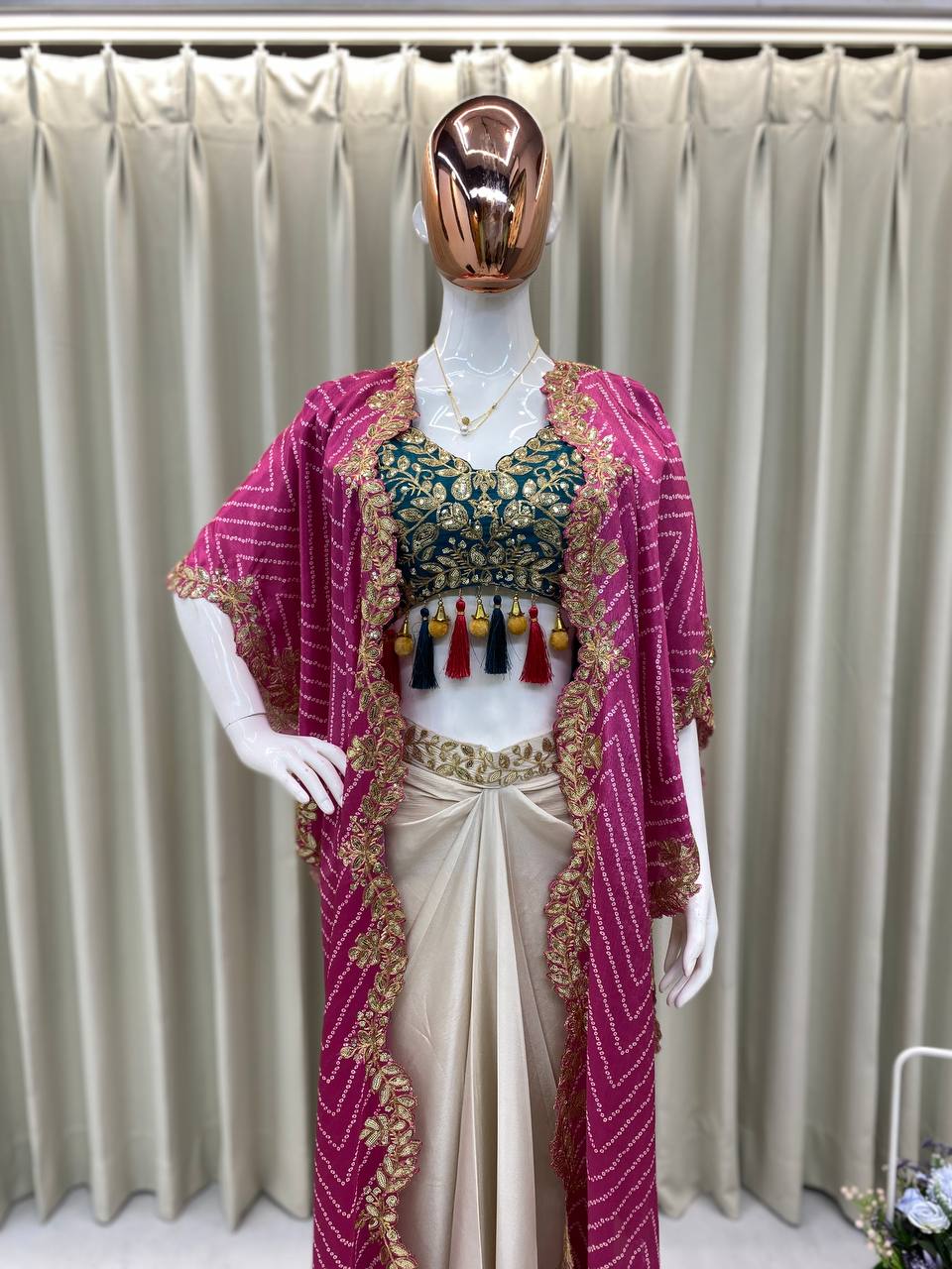 Sequence Embroidery With Latkan On Corner With Chinon Shrug Draped Choli