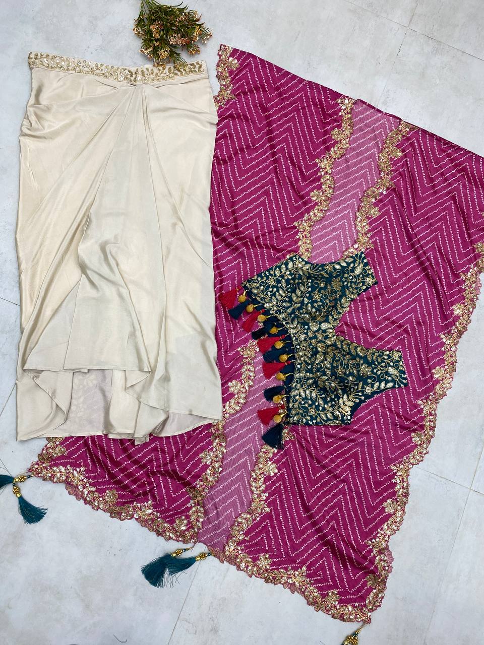 Sequence Embroidery With Latkan On Corner With Chinon Shrug Draped Choli