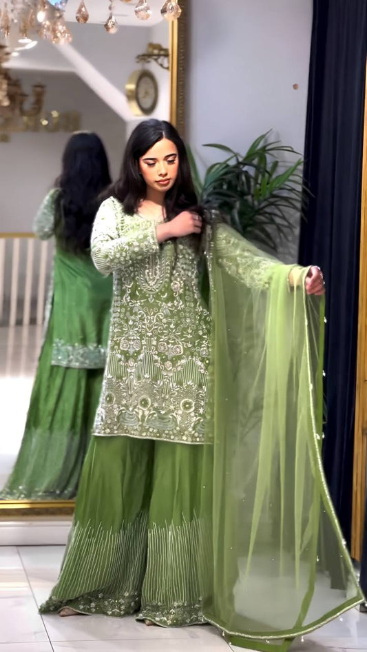 Heavy Pure Chinnon Silk With Embroidery Sequence Work Top Plazzo