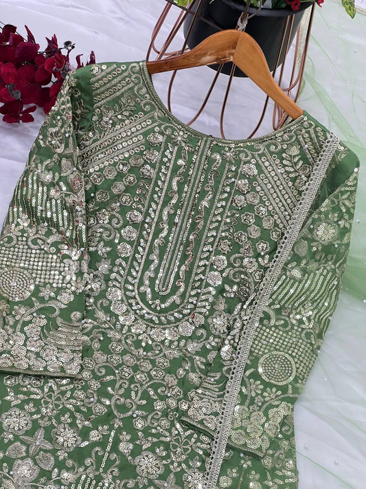 Heavy Pure Chinnon Silk With Embroidery Sequence Work Top Plazzo