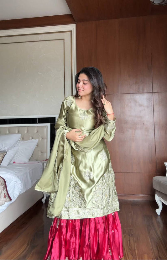 Trending Moss Satin Top Sharara Set Mehndi Special
