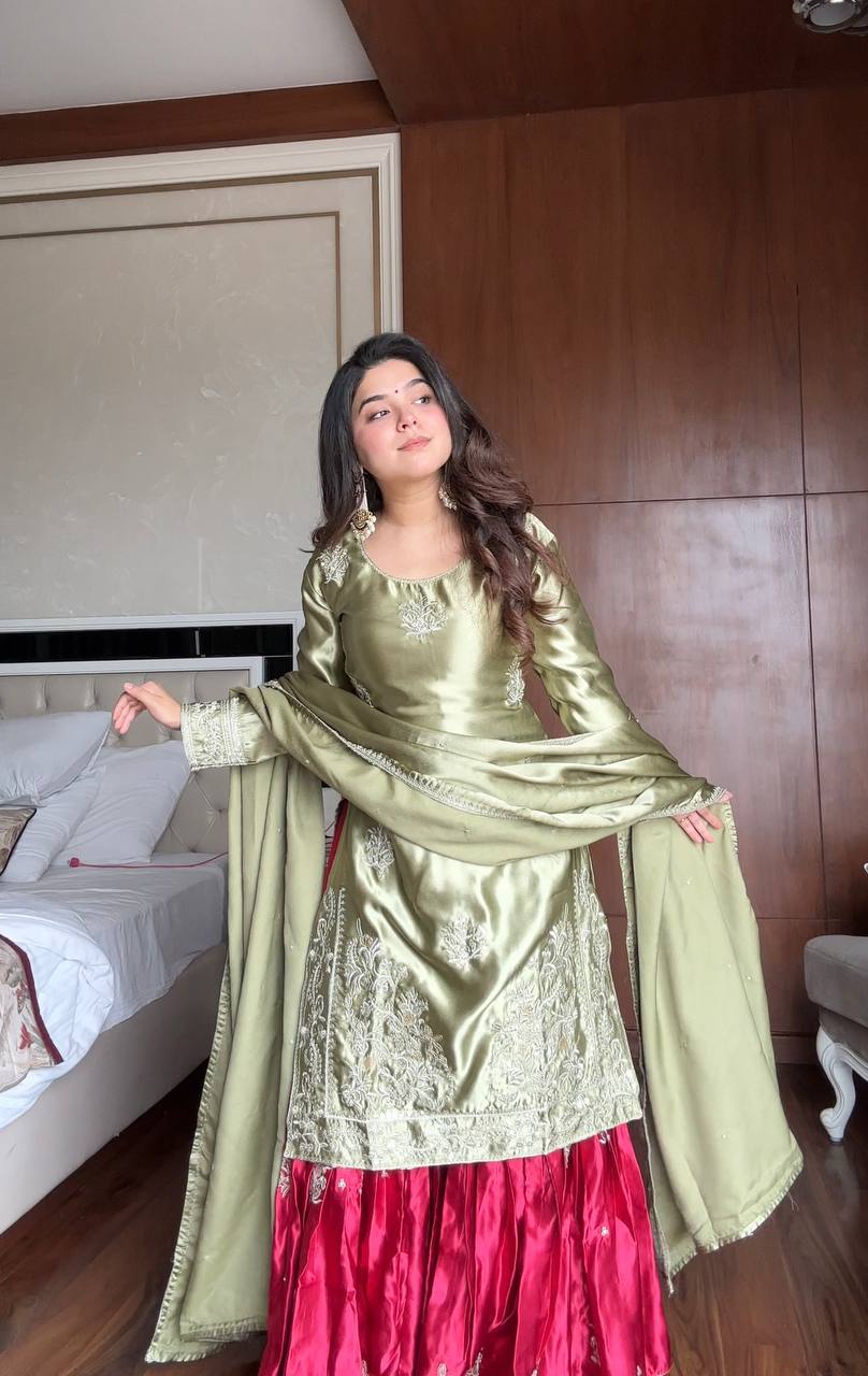 Trending Moss Satin Top Sharara Set Mehndi Special