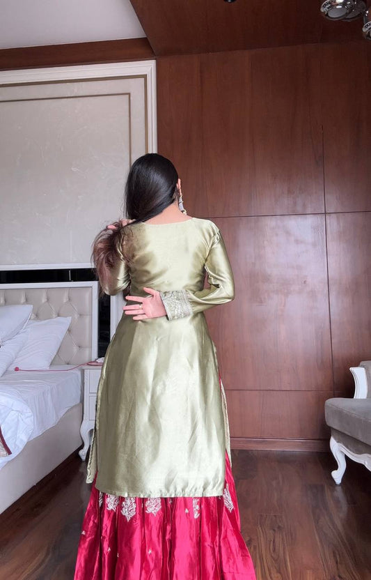 Trending Moss Satin Top Sharara Set Mehndi Special