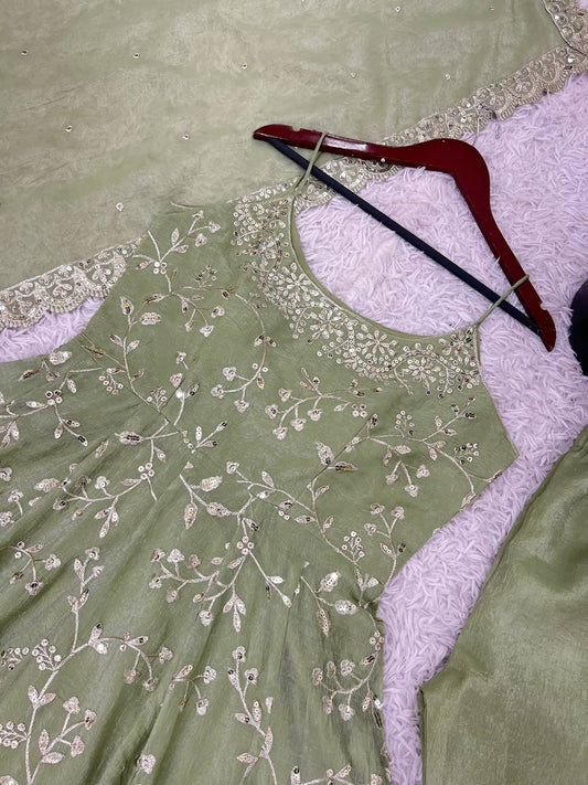 Pista Color Fandy Silk Embroidery Work Gown