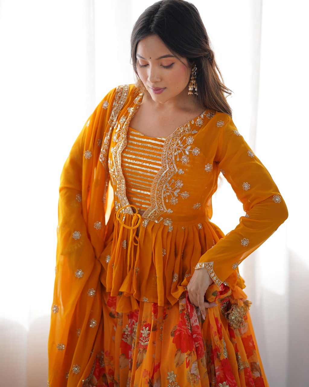 KEDIYA STYLE FOUX GEORGETTE SEQEUENCE WORK LEHENGA CHOLI WITH KOTI