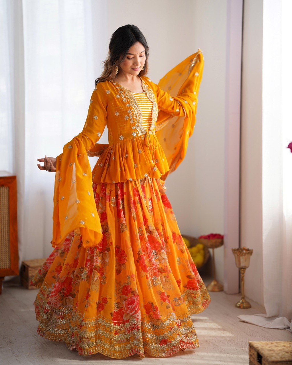 KEDIYA STYLE FOUX GEORGETTE SEQEUENCE WORK LEHENGA CHOLI WITH KOTI
