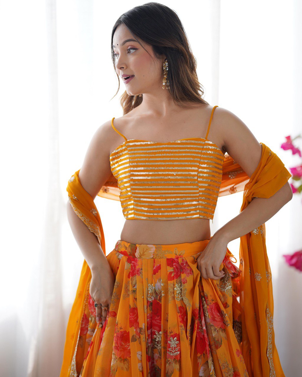 KEDIYA STYLE FOUX GEORGETTE SEQEUENCE WORK LEHENGA CHOLI WITH KOTI