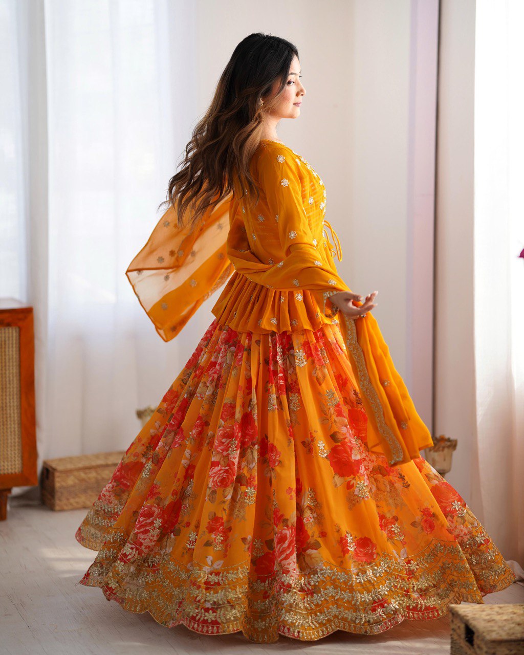 KEDIYA STYLE FOUX GEORGETTE SEQEUENCE WORK LEHENGA CHOLI WITH KOTI