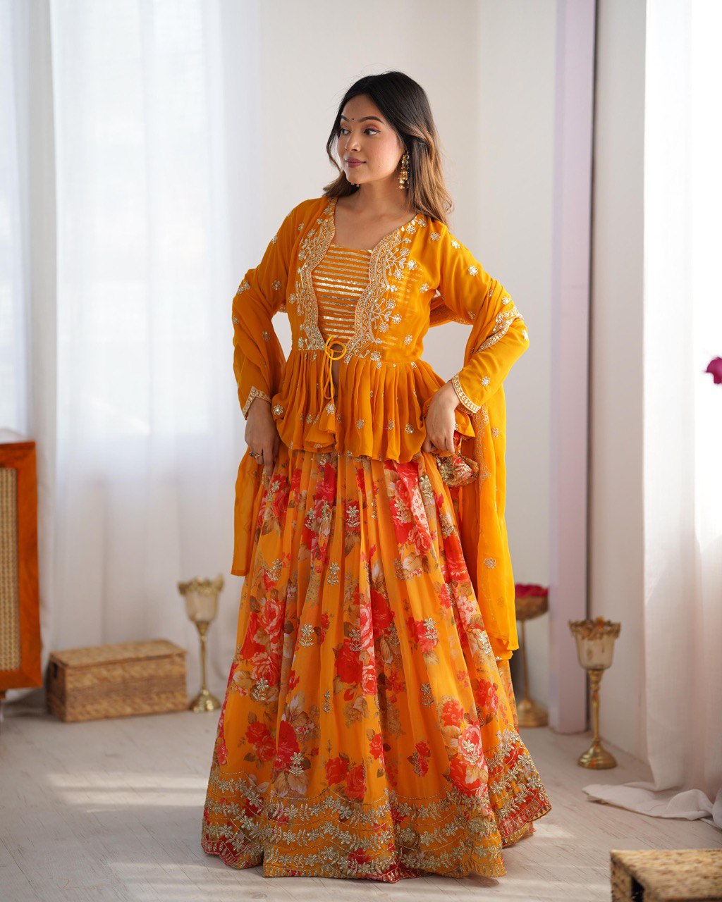 KEDIYA STYLE FOUX GEORGETTE SEQEUENCE WORK LEHENGA CHOLI WITH KOTI
