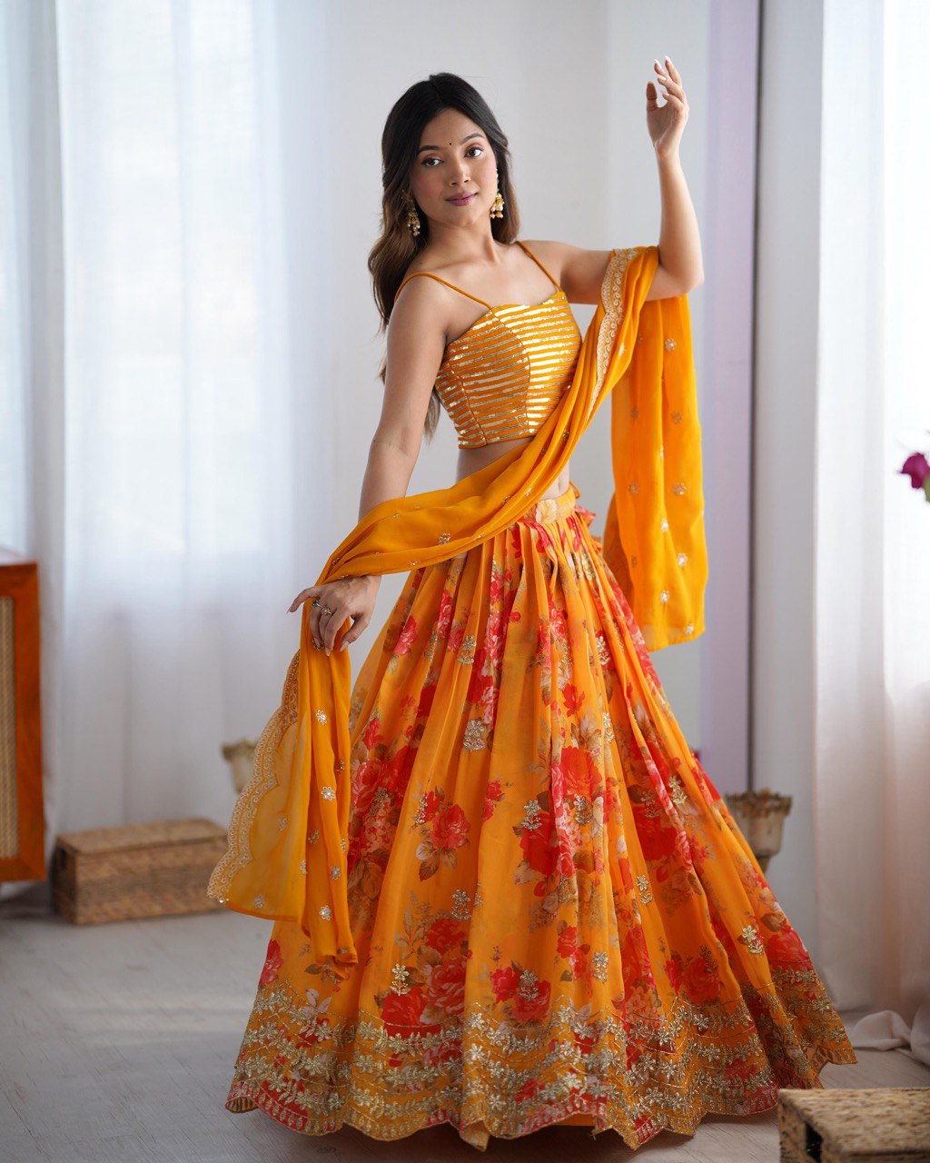 KEDIYA STYLE FOUX GEORGETTE SEQEUENCE WORK LEHENGA CHOLI WITH KOTI