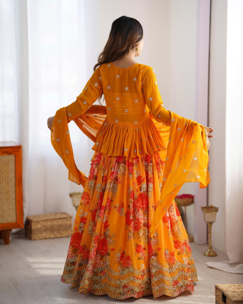 KEDIYA STYLE FOUX GEORGETTE SEQEUENCE WORK LEHENGA CHOLI WITH KOTI