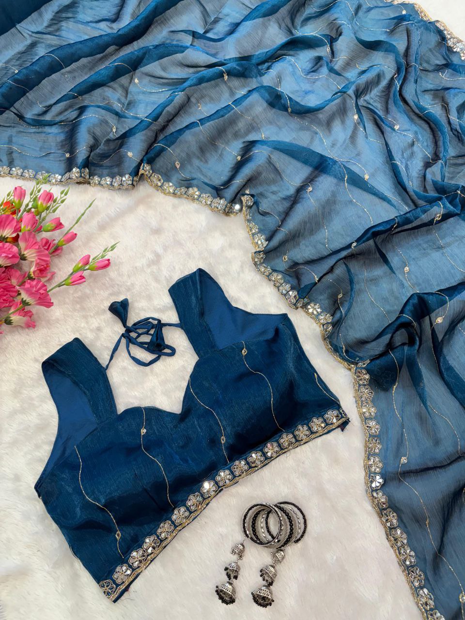 Premium Jimmy Chu Silk Embellished With Real Mirror Work Saree