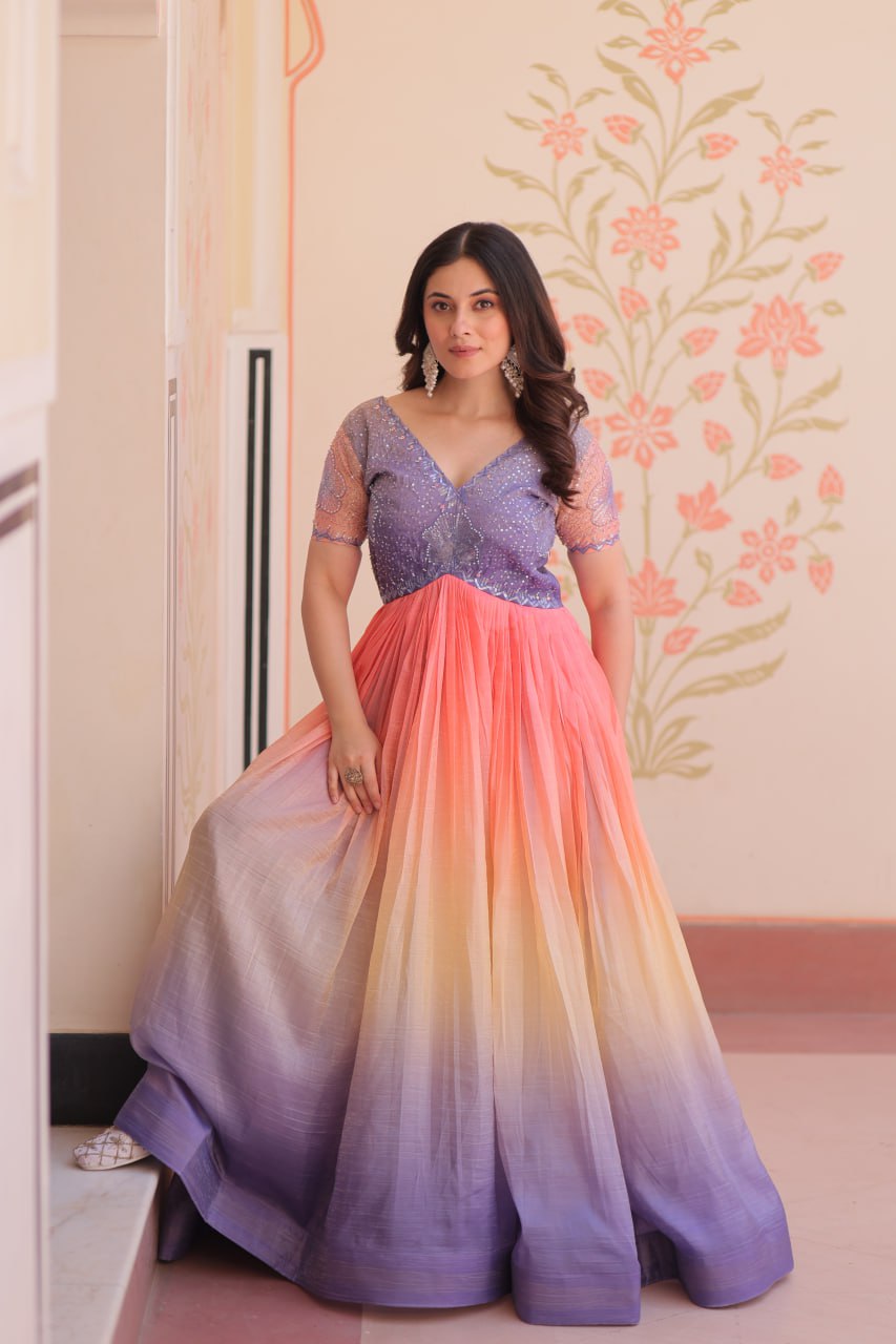 GOLD CRUSH PADDING WITH BEADS EMBROIDERY WORK GOWN