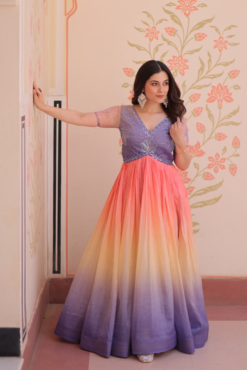 GOLD CRUSH PADDING WITH BEADS EMBROIDERY WORK GOWN