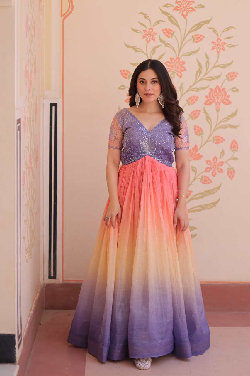 GOLD CRUSH PADDING WITH BEADS EMBROIDERY WORK GOWN