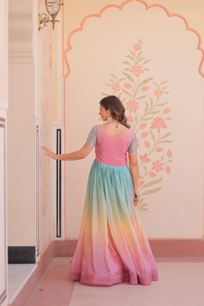 GOLD CRUSH PADDING WITH BEADS EMBROIDERY WORK GOWN