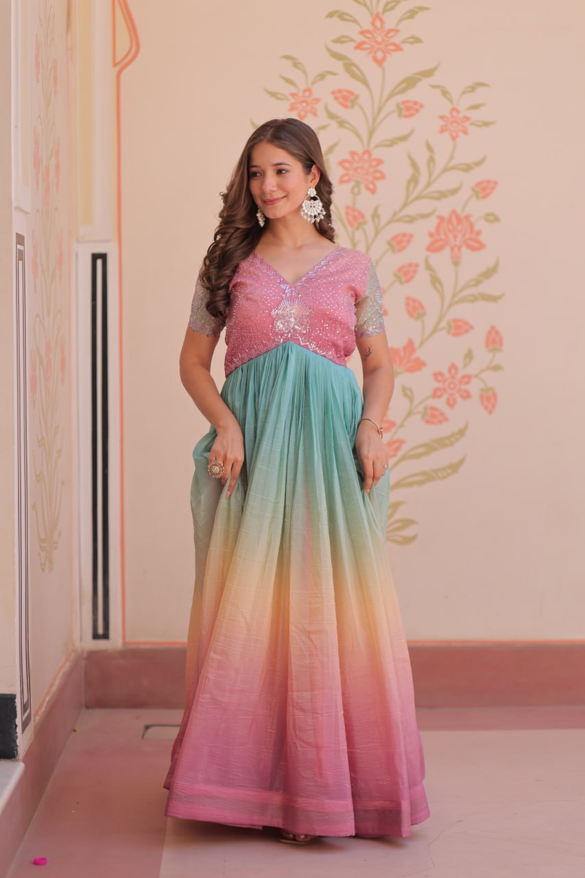 GOLD CRUSH PADDING WITH BEADS EMBROIDERY WORK GOWN