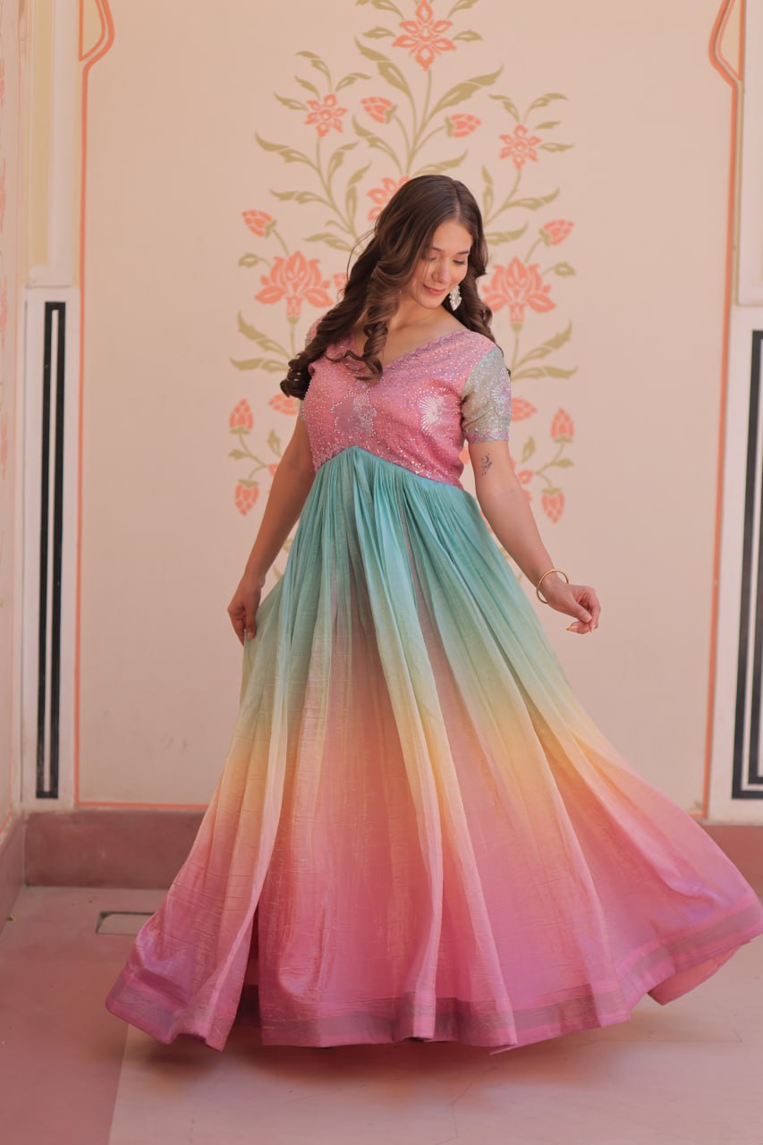GOLD CRUSH PADDING WITH BEADS EMBROIDERY WORK GOWN