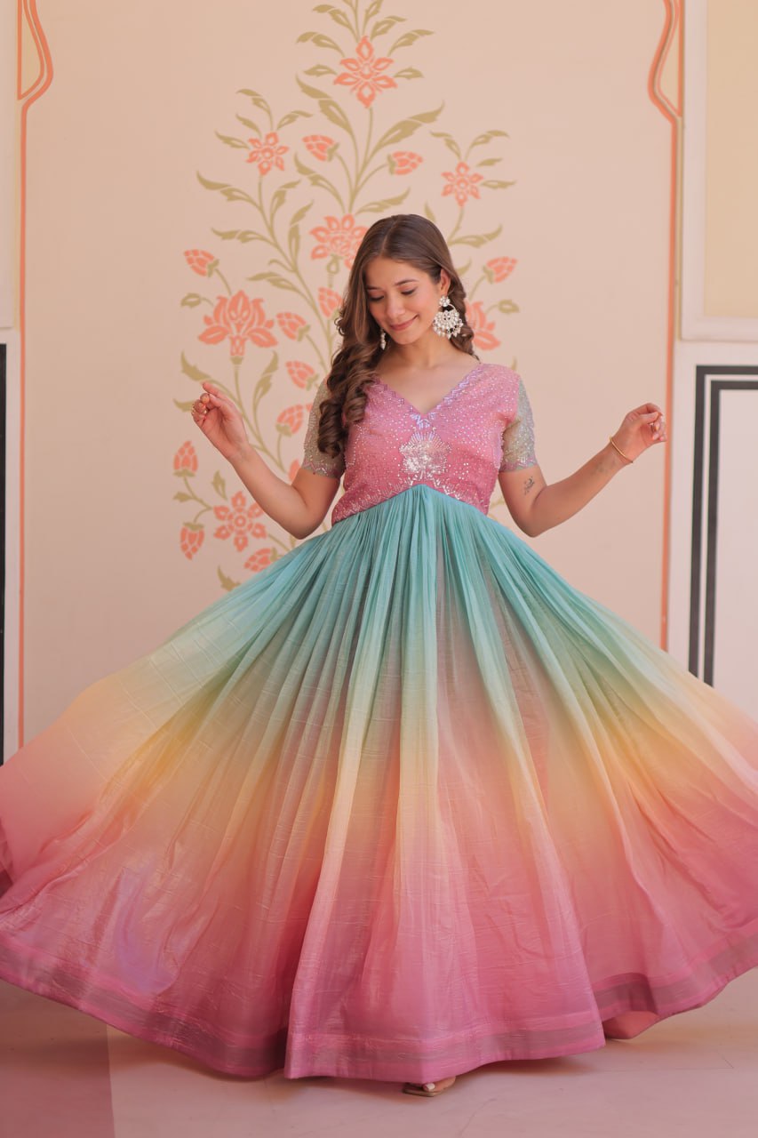 GOLD CRUSH PADDING WITH BEADS EMBROIDERY WORK GOWN