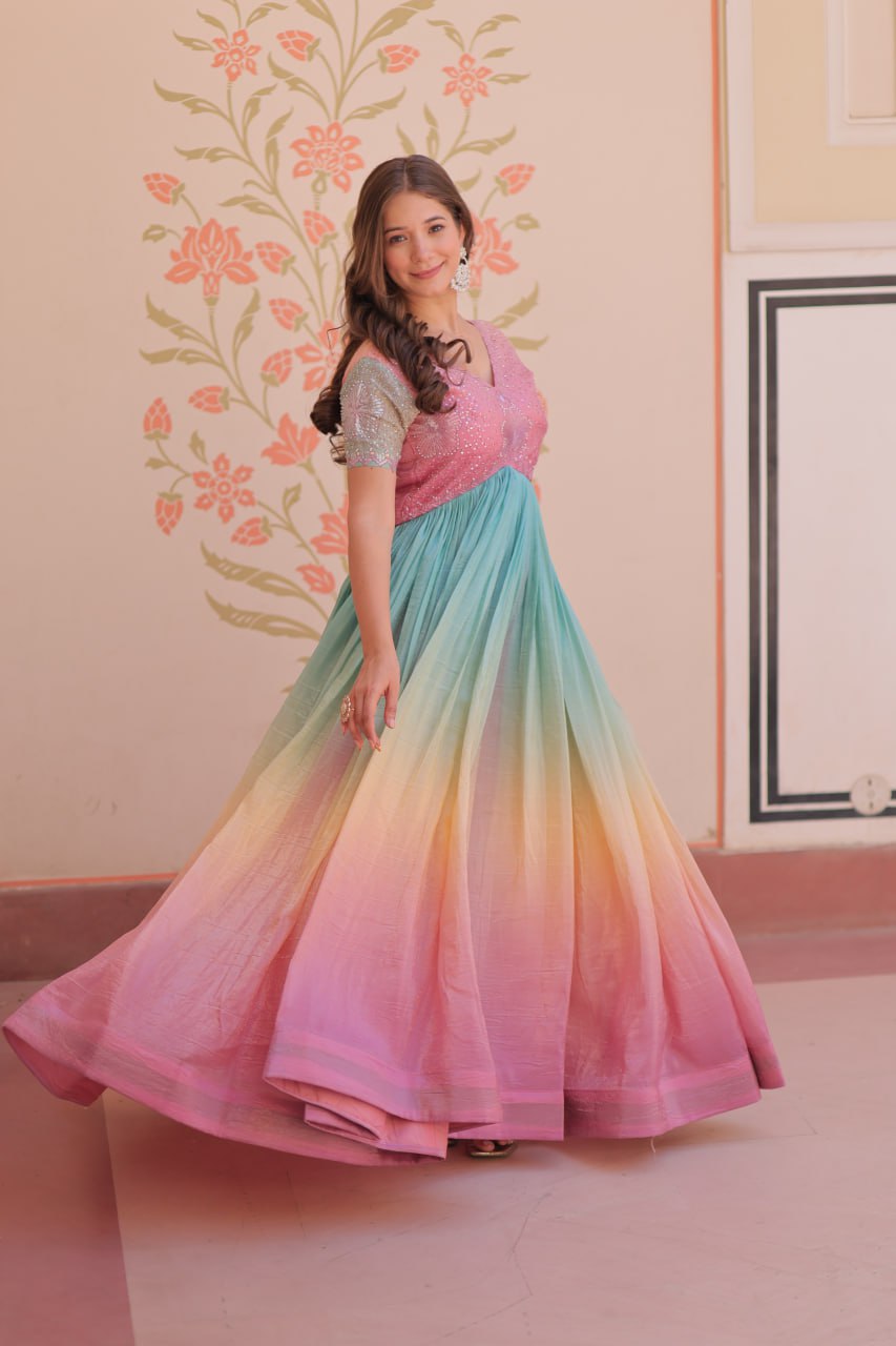 GOLD CRUSH PADDING WITH BEADS EMBROIDERY WORK GOWN