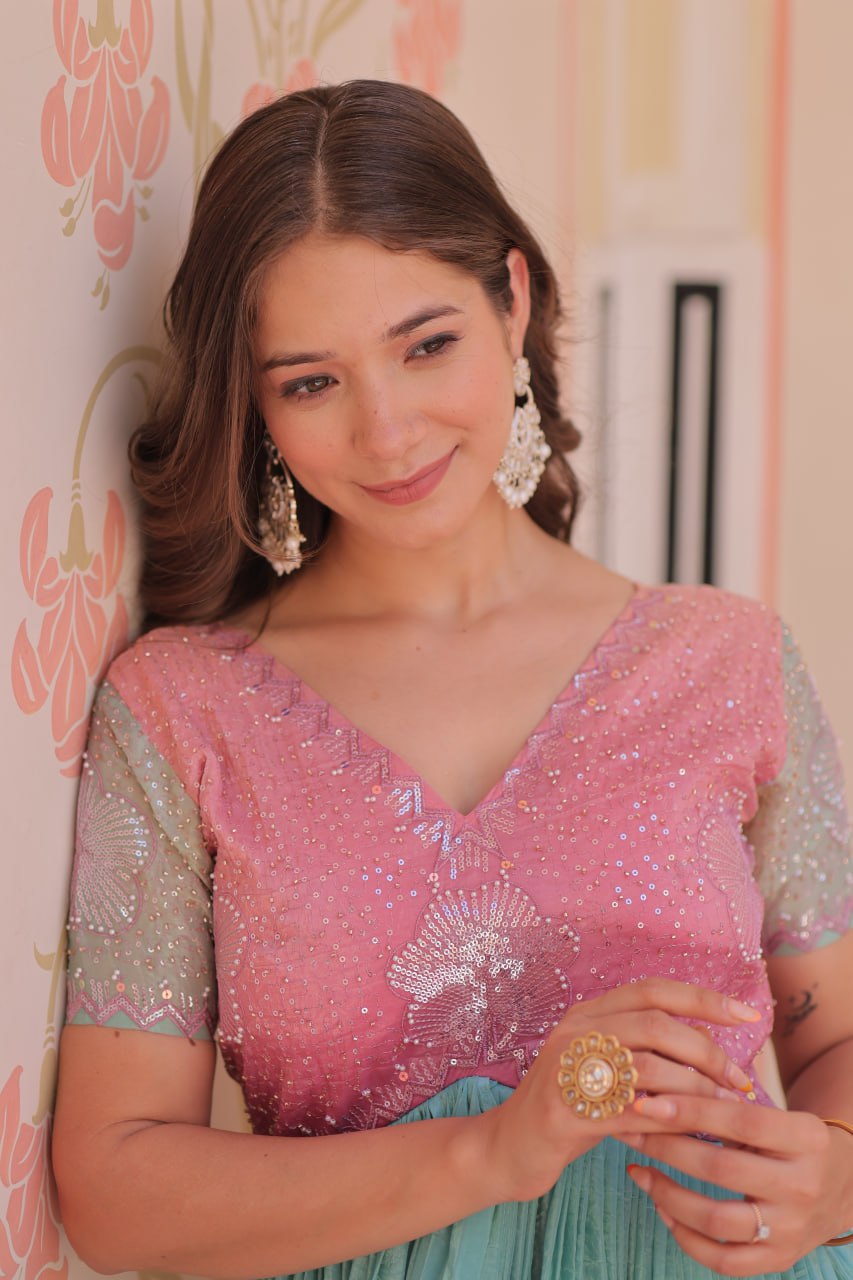 GOLD CRUSH PADDING WITH BEADS EMBROIDERY WORK GOWN