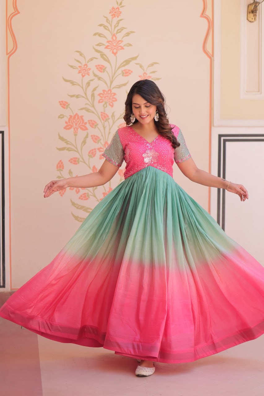 GOLD CRUSH PADDING WITH BEADS EMBROIDERY WORK GOWN