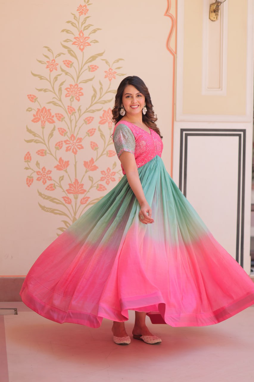 GOLD CRUSH PADDING WITH BEADS EMBROIDERY WORK GOWN