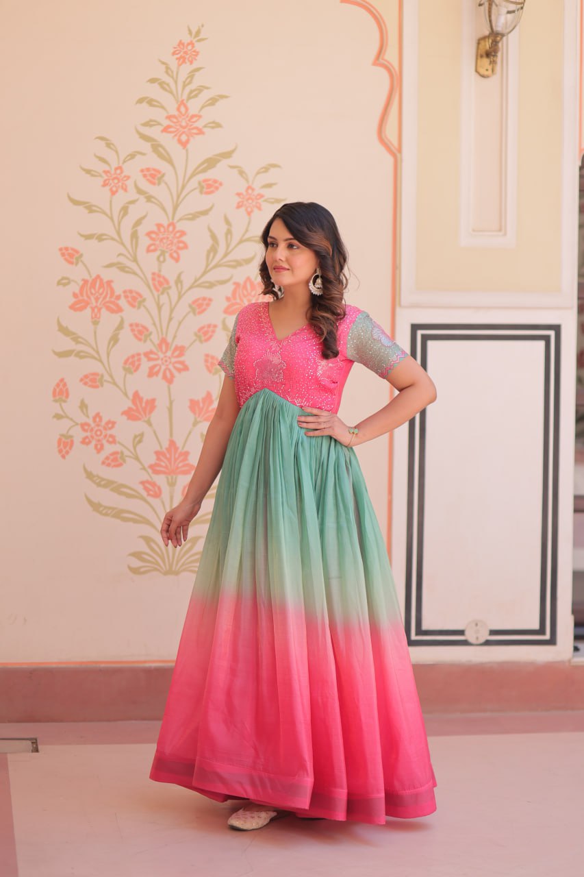 GOLD CRUSH PADDING WITH BEADS EMBROIDERY WORK GOWN