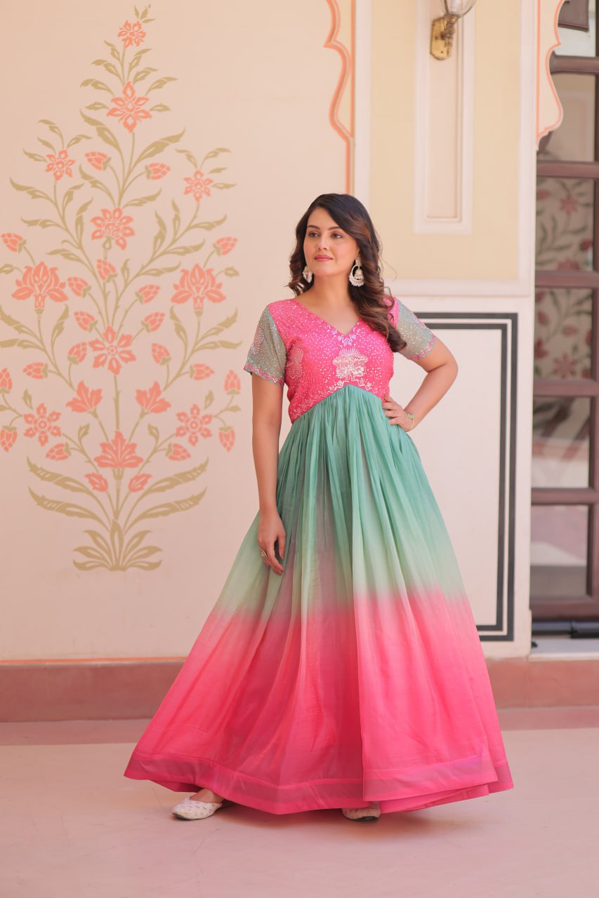 GOLD CRUSH PADDING WITH BEADS EMBROIDERY WORK GOWN