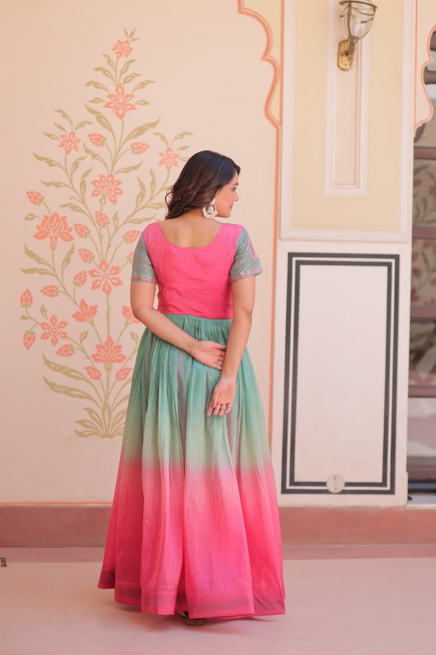 GOLD CRUSH PADDING WITH BEADS EMBROIDERY WORK GOWN
