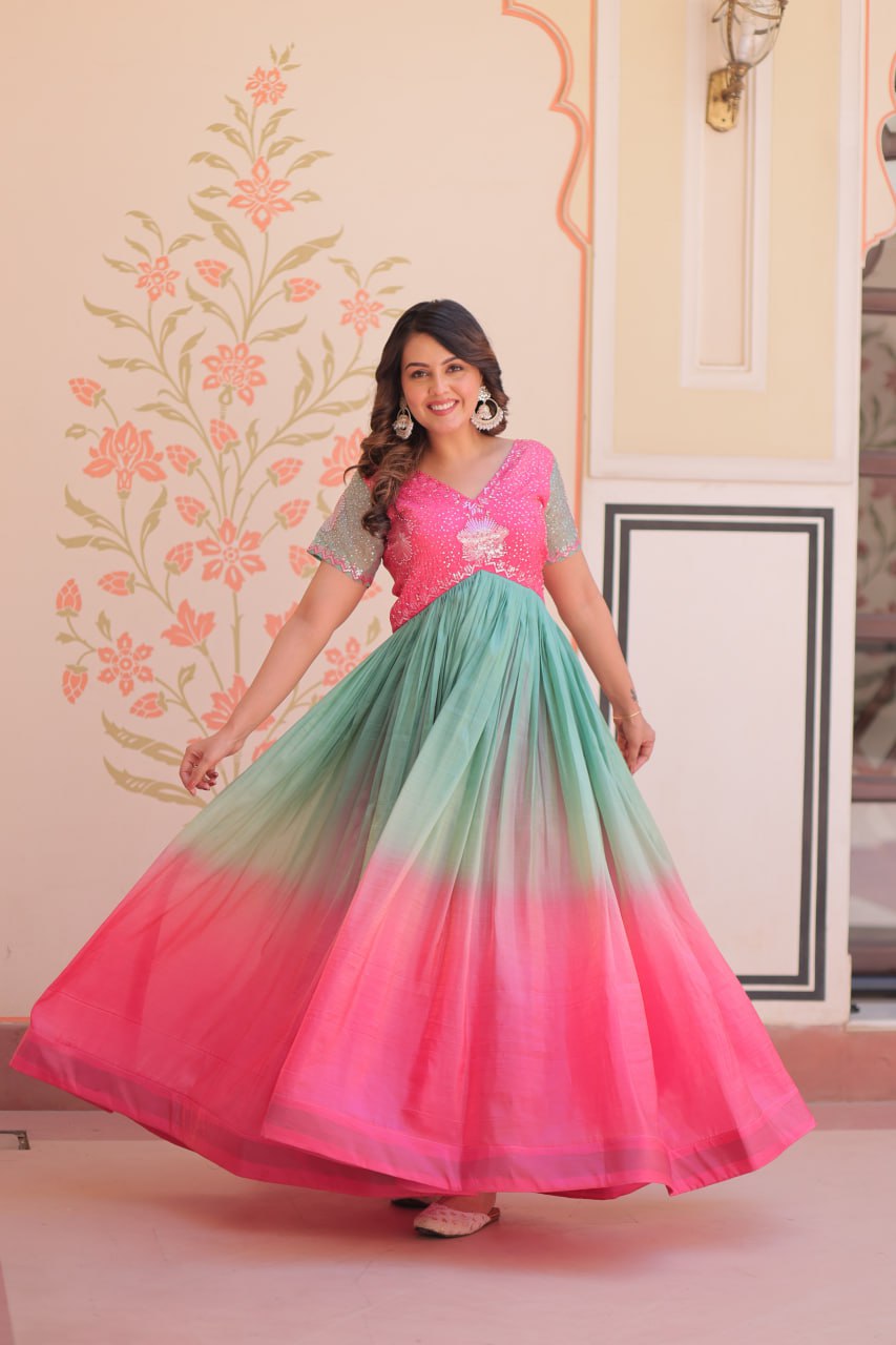 GOLD CRUSH PADDING WITH BEADS EMBROIDERY WORK GOWN