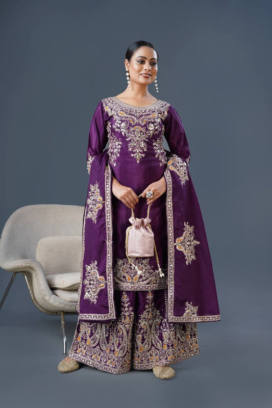 Pure Chinnon Silk With Heavy Embroidery Coding Dori-Sequence Work Top Plazzo