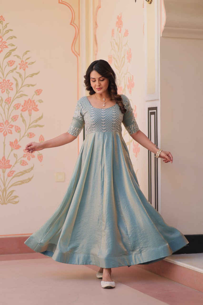 MOST TRENDING WEIGHTLESS FANDY SILK BEADS WORK GOWN