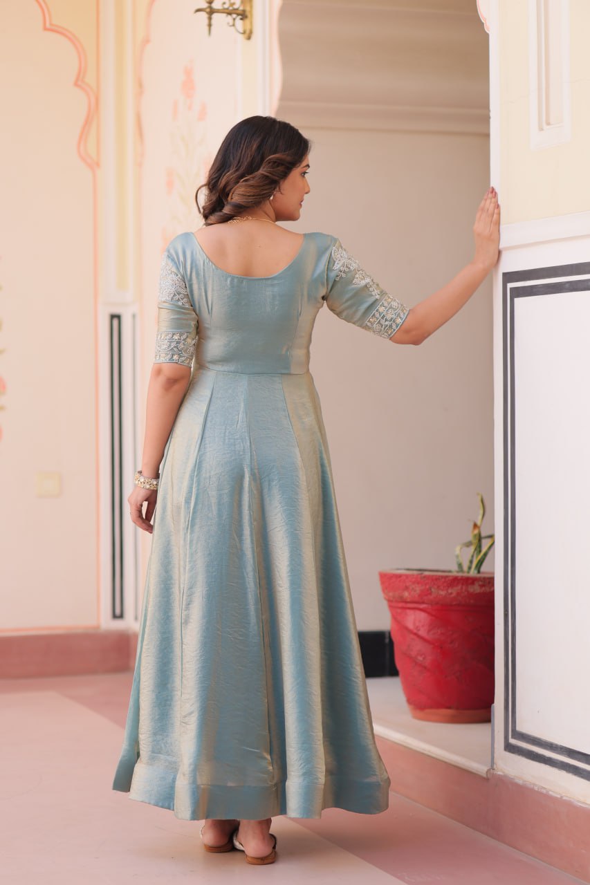 MOST TRENDING WEIGHTLESS FANDY SILK BEADS WORK GOWN