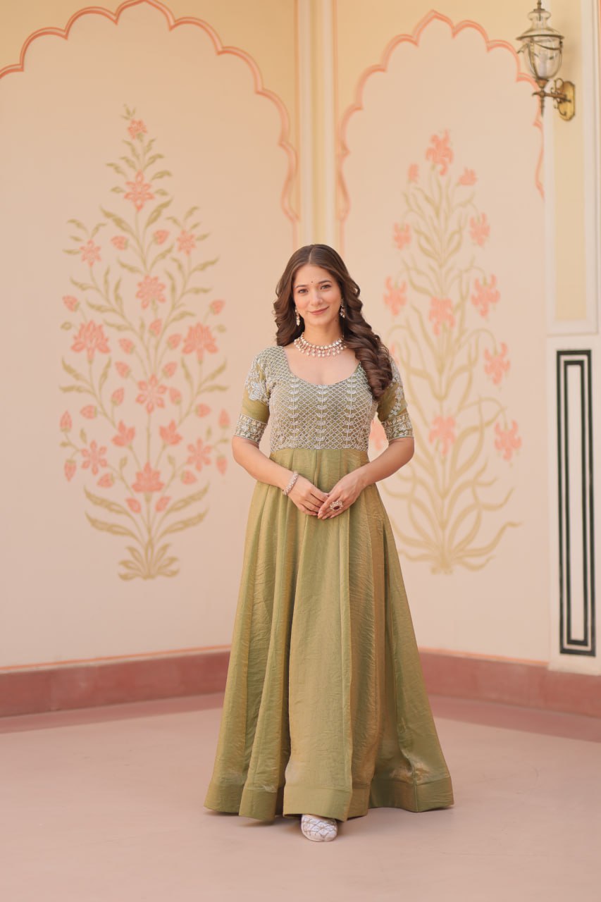 MOST TRENDING WEIGHTLESS FANDY SILK BEADS WORK GOWN