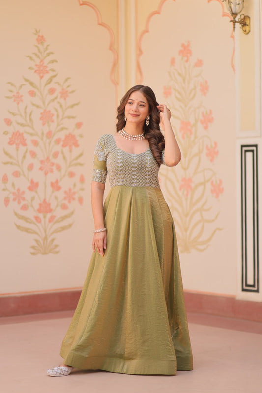 MOST TRENDING WEIGHTLESS FANDY SILK BEADS WORK GOWN