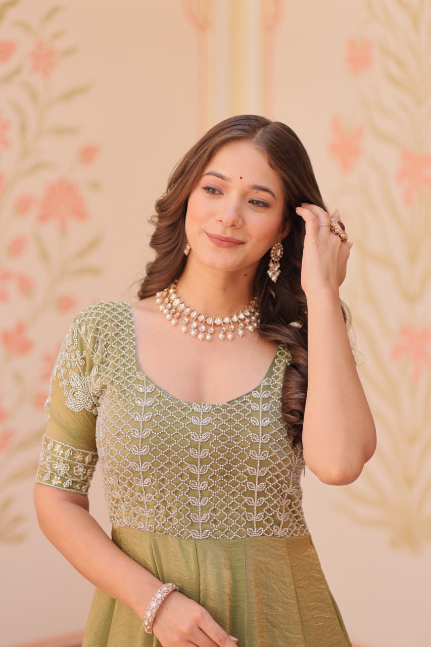 MOST TRENDING WEIGHTLESS FANDY SILK BEADS WORK GOWN