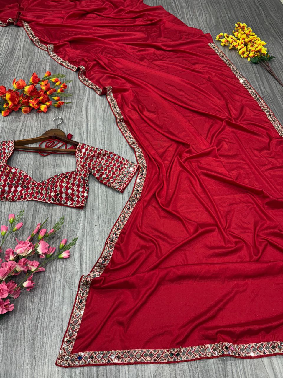 Beautiful Heavy real Mirror Work With Crape Silk Embellishes Saree