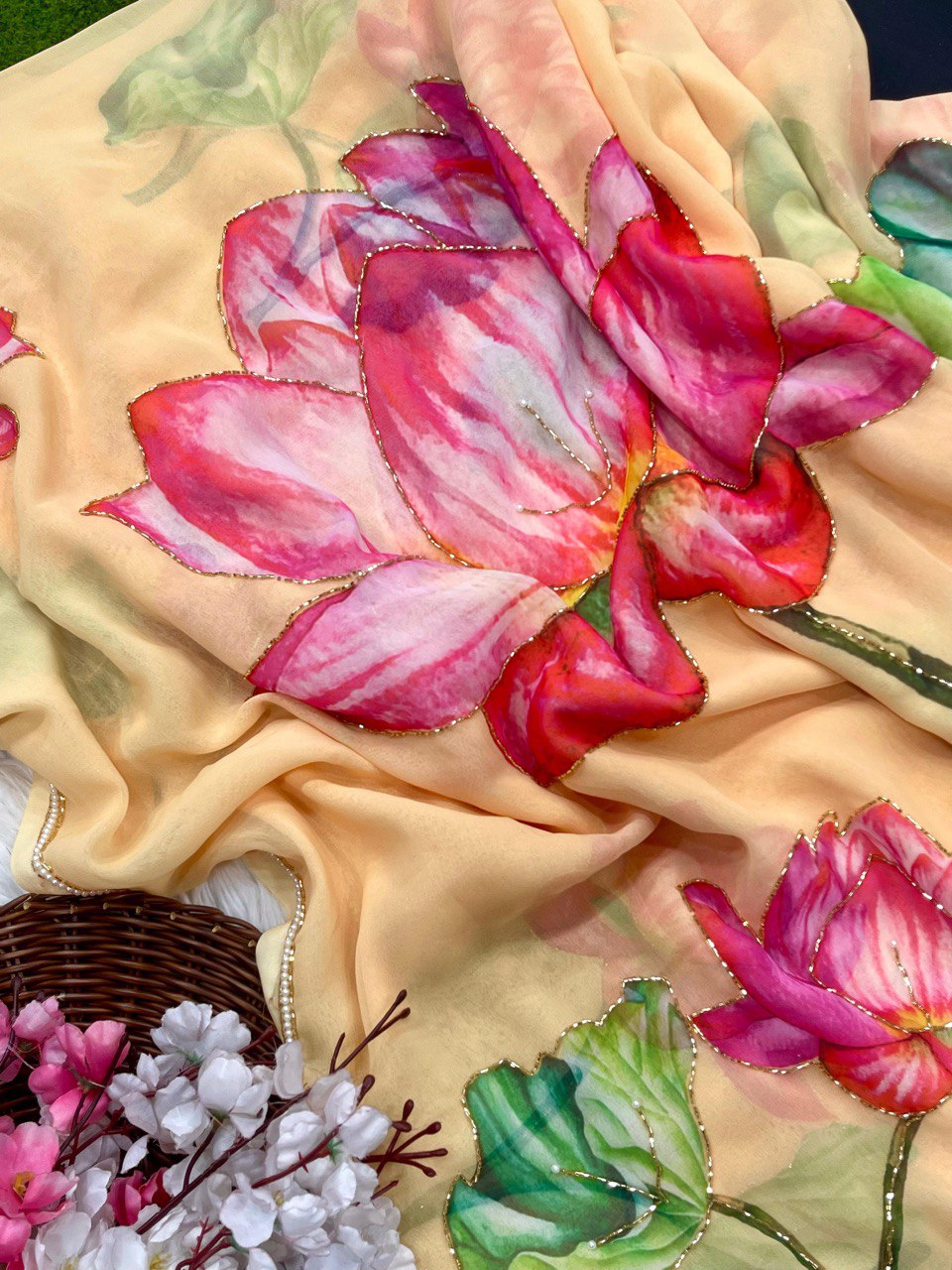 Yellow Color Georgette With Printed Hand Work Saree